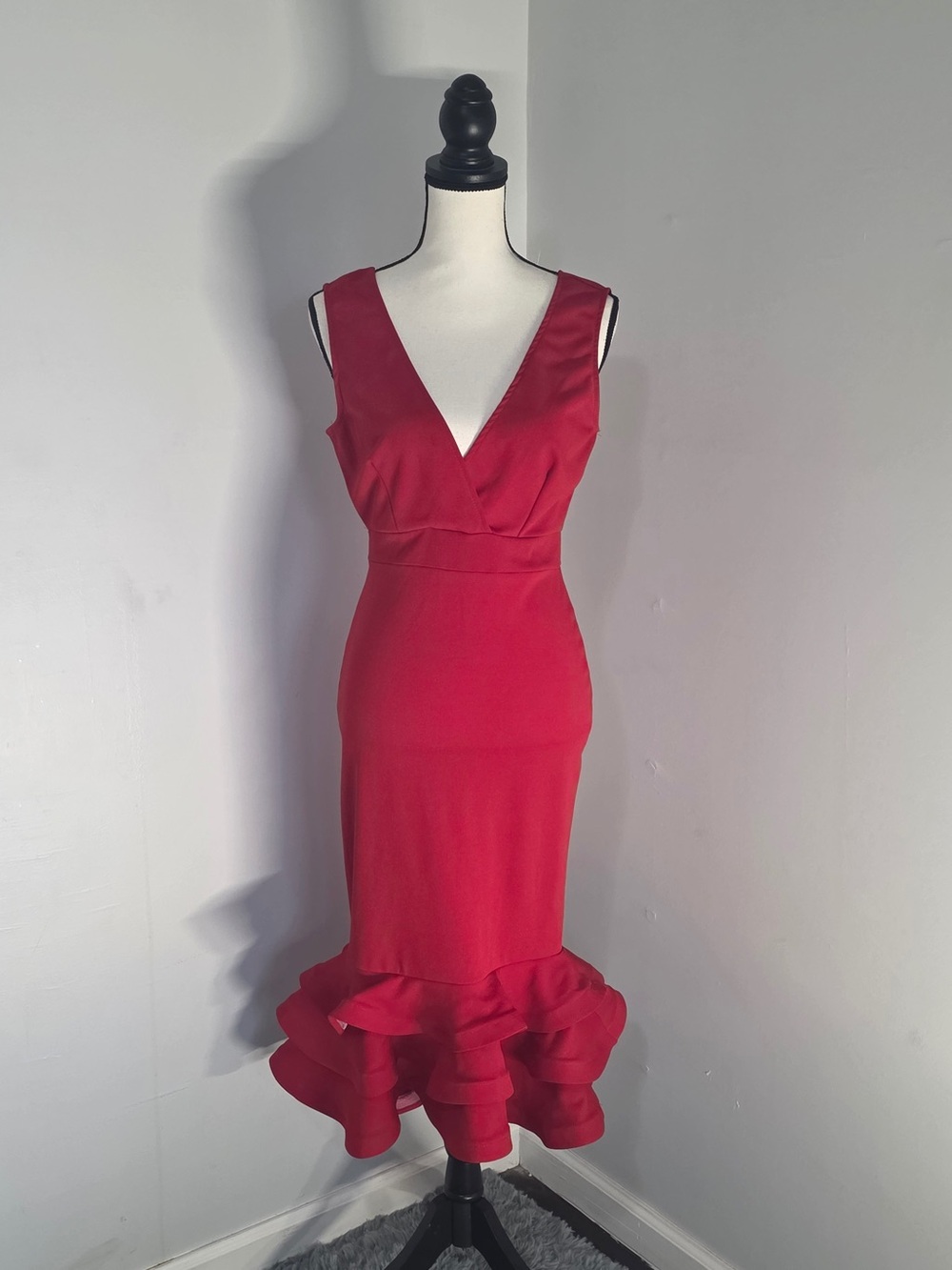 Fashion Nova Deep V Ruffle-Hem Red Midi Dress
